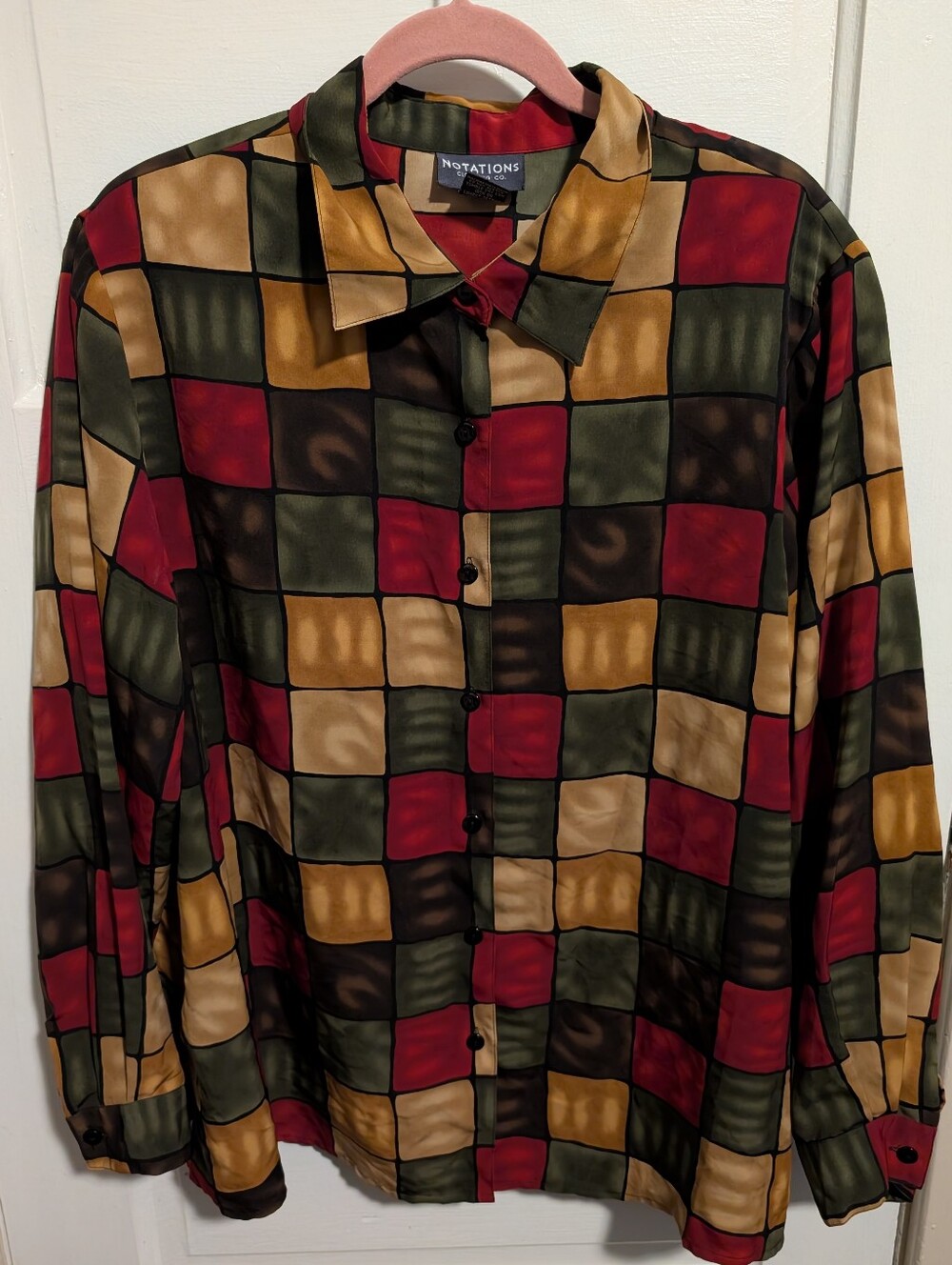 90s Vintage Boho Deco Women's Checkerboard Button-Down Shirt in Red, Olive & Tan